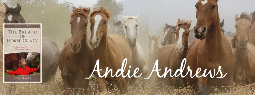 Image of beautiful running horses with the book cover, "The Breath of Horse Crazy - The Love AffairBetween Women and Horses" and the name, Andie Andrews