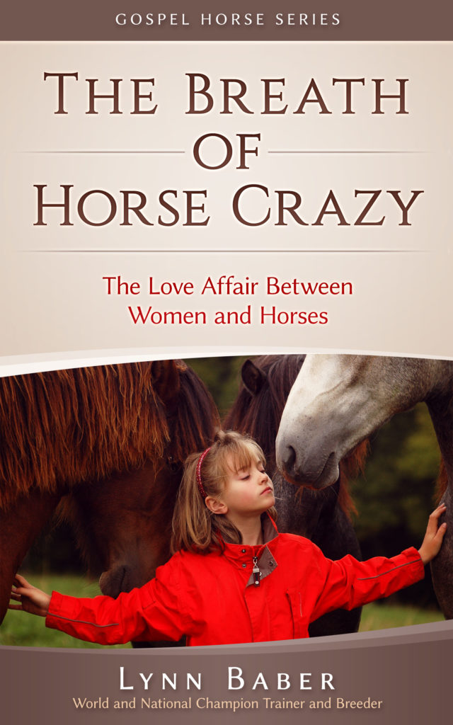 Little girl in brilliant red jacket standing with eyes closed touching the chests of chestnut and gray horses. Cover of the book "The Breath of Horse Crazy"