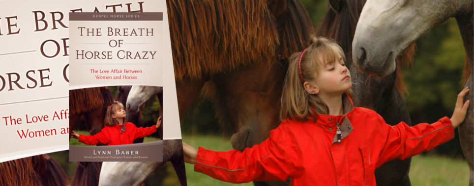 Women and horses. Image of little girl in red jacket, eyes closed, touching horse's chests. Book over of "The Breath of Horse Crazy - The Love Affair Between Women and Horses"