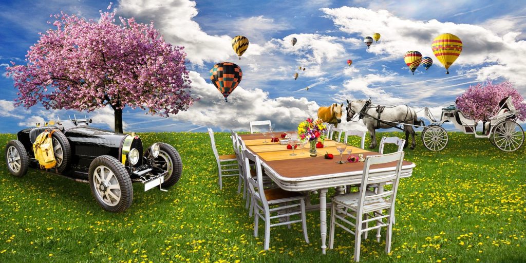 The range of what you steward, exotic automobile, dressed dining room table, blooming spring trees, gray horse and white carriage, hot-air balloons in a bright sky with wind-propelled clouds.