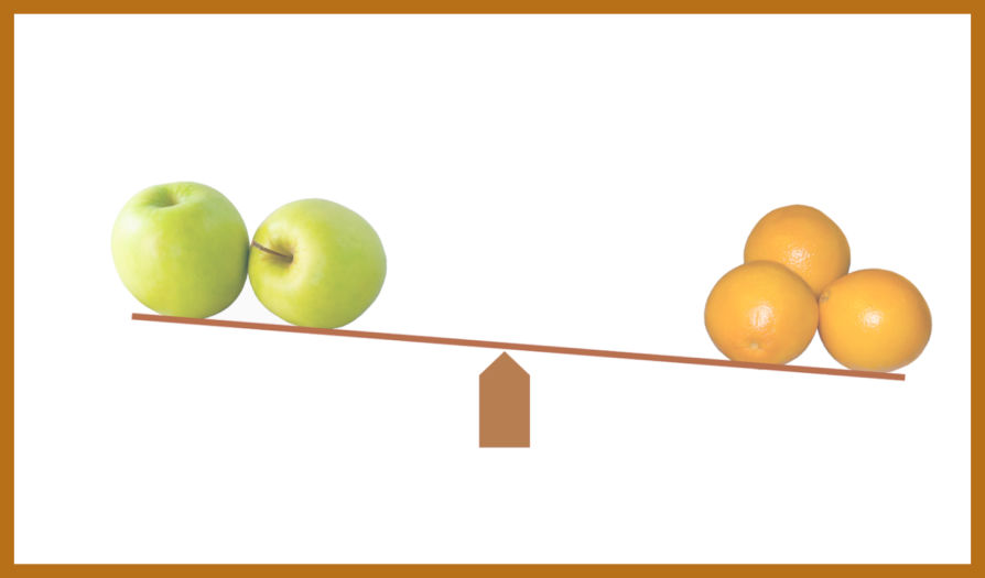 Balance beam comparing apples and oranges. Illustrate the error of comparing yourself to others or a previous version of yourself.