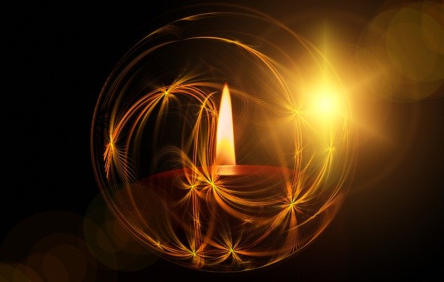 Lighted torch in swirls of gold on a dark starlit background. Christmas Gift Poem . Jesus