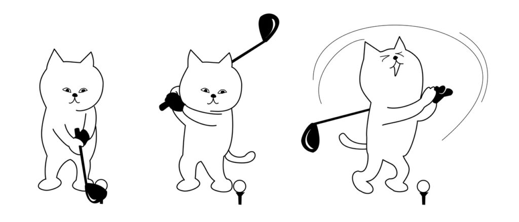 Cheating. Cartoon line drawing of a cat driving a golf ball in 3 steps. Missed the ball!