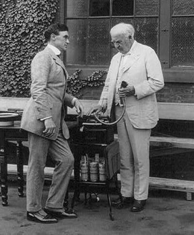 Photo of Edwin C. Barnes and Thomas Edison with the recording machine that transformed Barnes's dream into a reality. How small dreams and visions create powerful influence.