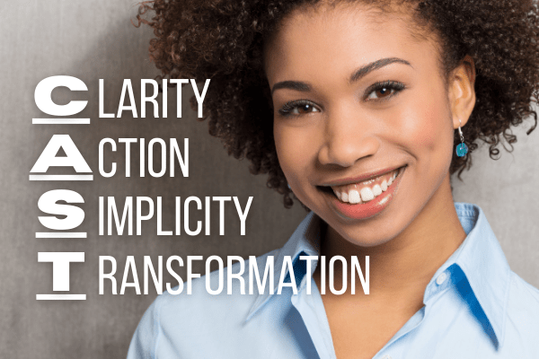 Black woman entrepreneur. Pillars of success: Claroty, Action, Simplicity, Transformation