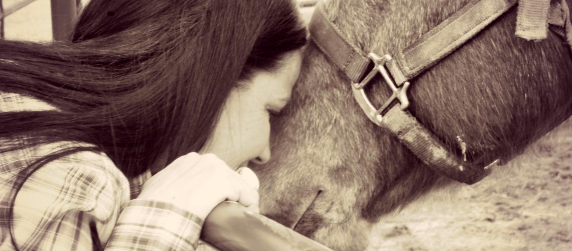 woman touching faces with horse . reset your relationship with your horse
